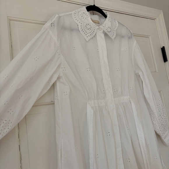 ULLA JOHNSON Gemma Shirt Dress Cowrie White Eyelet Statement Colla Size 6 Medium - Picture 4 of 16